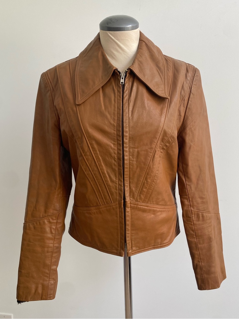 Women's Tan Leather Zip-Front Jacket with Point Collar